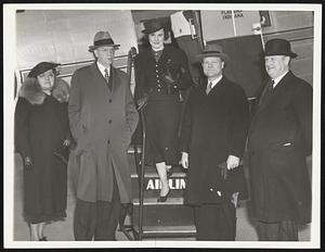 Air Passenger Service Begins New York, April 6 - Mayor Mansfield of Boston and a party of friends leave the Floyd Bennett Field here for the first American Airlines passenger service flight to Boston. Left to right are: Mrs. Mansfield, wife of the mayor; Mayor Mansfield, Miss Reggie Morgan, Deputy Police Commissioner Fowler and John McKenzie, commissioner of docks.
