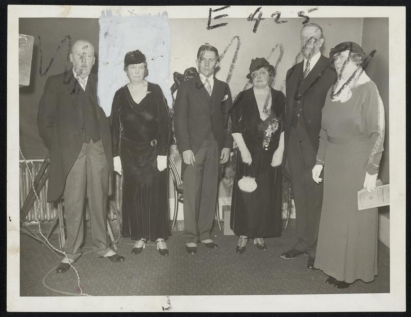 Mayor Frederick W. Mansfield and members of his family at the inaugural yesterday at Symphony Hall. Left to right, Edmund Mansfield, the mayor's brother, Miss Grace Mansfield, his sister, Walter Mansfield, the mayor's son, Mrs. Mansfield, the mayor and another sister, Miss Mabel E. Mansfield.