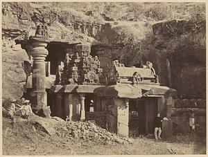 General view from the left of the facade of the Indra Sabha Jain Cave Temple (Cave XXXII), Ellora, before the pillar fell