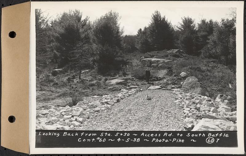 Contract No. 60, Access Roads to Shaft 12, Quabbin Aqueduct, Hardwick and Greenwich, looking back from Sta. 5+50, access road to south baffle, Greenwich and Hardwick, Mass., Apr. 5, 1938