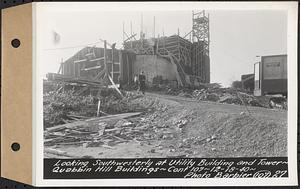 Contract No. 107, Quabbin Hill Recreation Buildings and Road, Ware, looking southwesterly at utility building and tower, Ware, Mass., Dec. 18, 1940