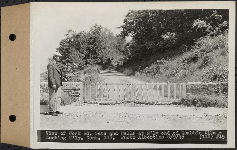 Contract No. 118, Miscellaneous Construction at Winsor Dam and Quabbin Dike, Belchertown, Ware, view of work road gate and walls at easterly end of Quabbin Dike, looking northerly, Ware, Mass., Aug. 9, 1945