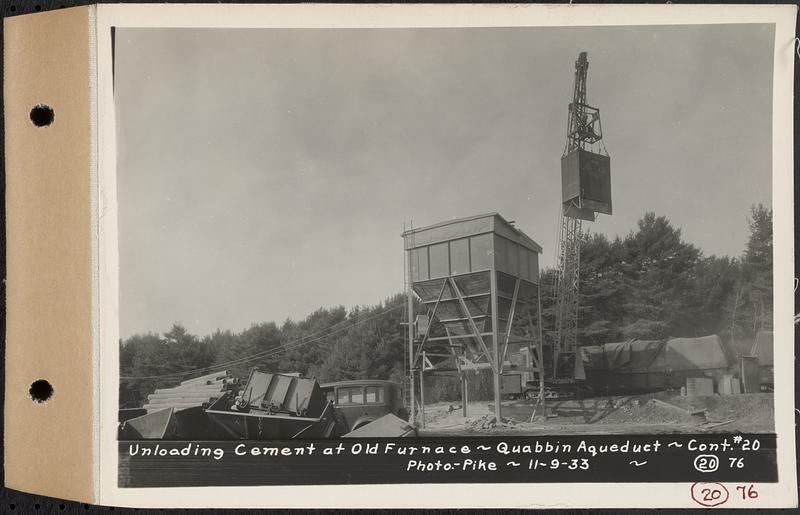 Contract No. 20, Coldbrook-Swift Tunnel, Barre, Hardwick, Greenwich, unloading cement at Old Furnace, Quabbin Aqueduct, Hardwick, Mass., Nov. 9, 1933