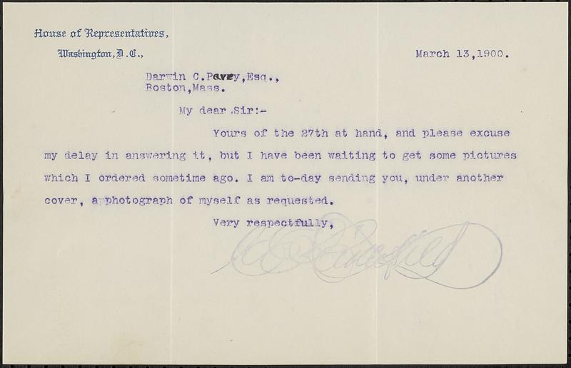 Letter from Charles E. Littlefield, Washington, D.C., to Darwin C. Pavey, Boston, Mass., 1900 March 13