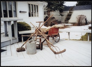 Wheelbarrow & canvas (Duck Mill). Floor polisher, kerosene container, lawn mower, sickles, hay fork