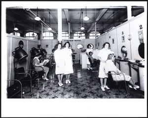 L-R Hilda Holt (Gagne) 1st R. at Tony's Hairdressing Salon in super store building, Lawrence St.