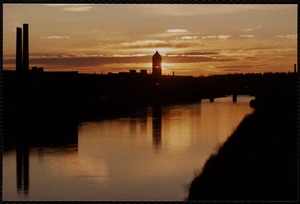 Ayer Mill clock tower at sunset