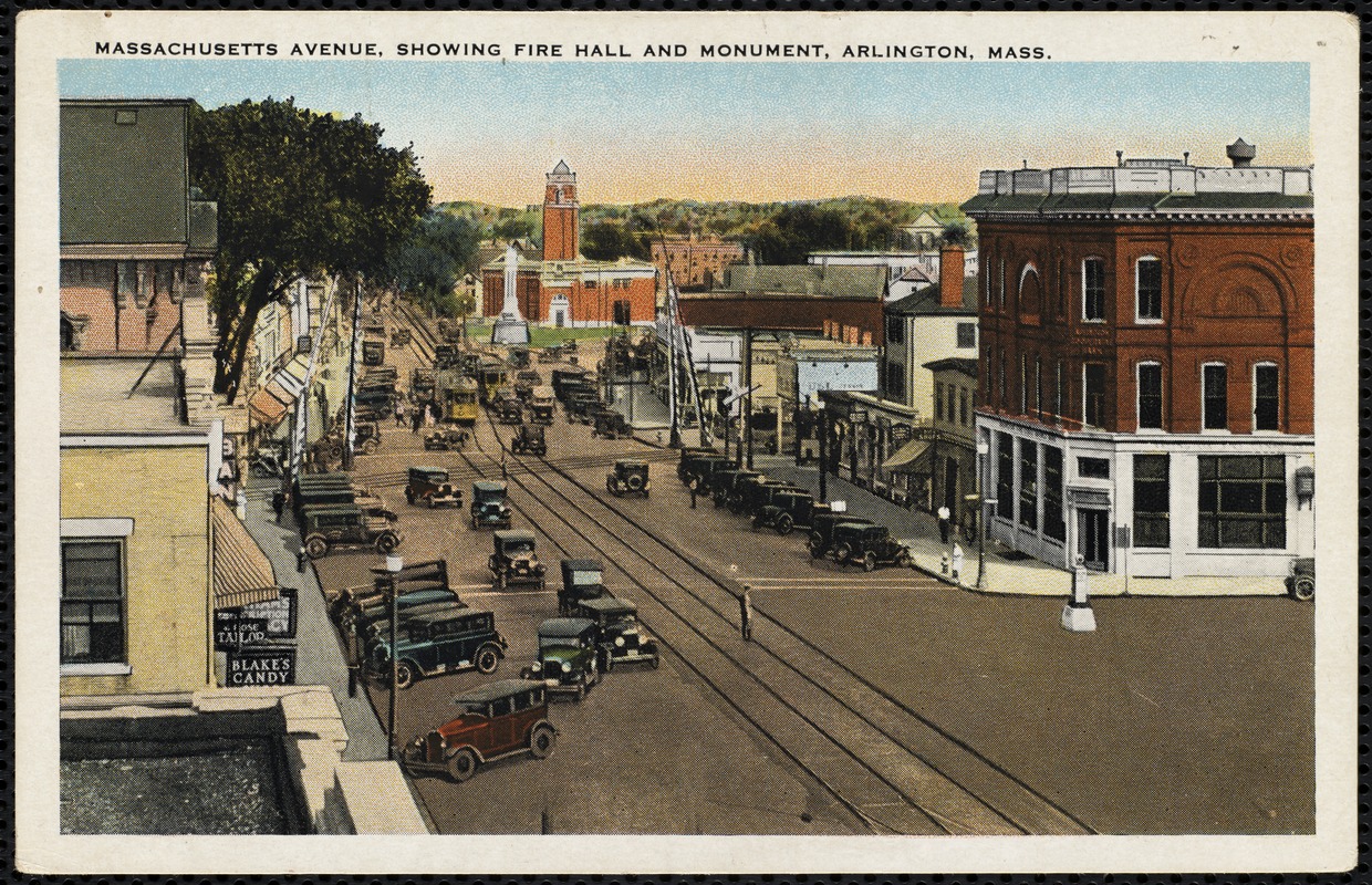 Massachusetts Avenue, showing fire hall and monument, Arlington, Mass.