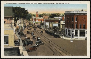 Massachusetts Avenue, showing fire hall and monument, Arlington, Mass.