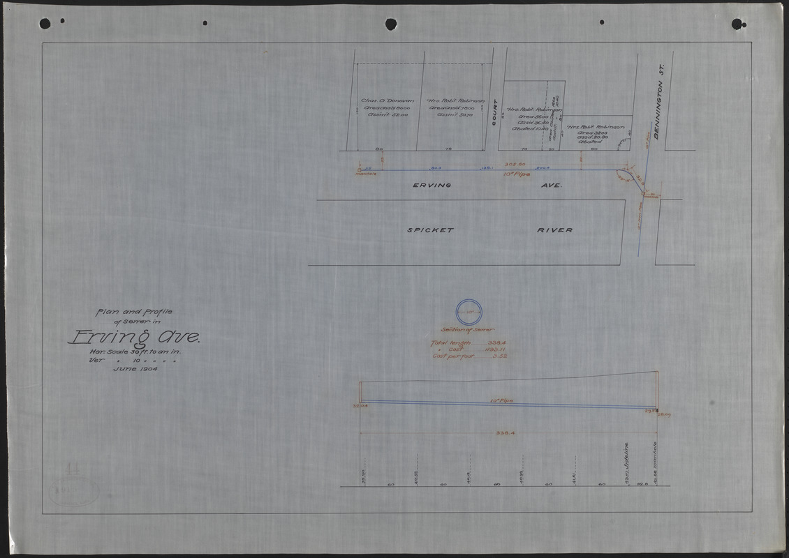 Plan and profile of sewer in Erving Ave. Digital Commonwealth
