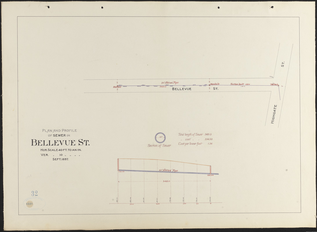 Plan And Profile Of Sewer In Bellevue St Digital Commonwealth 7873