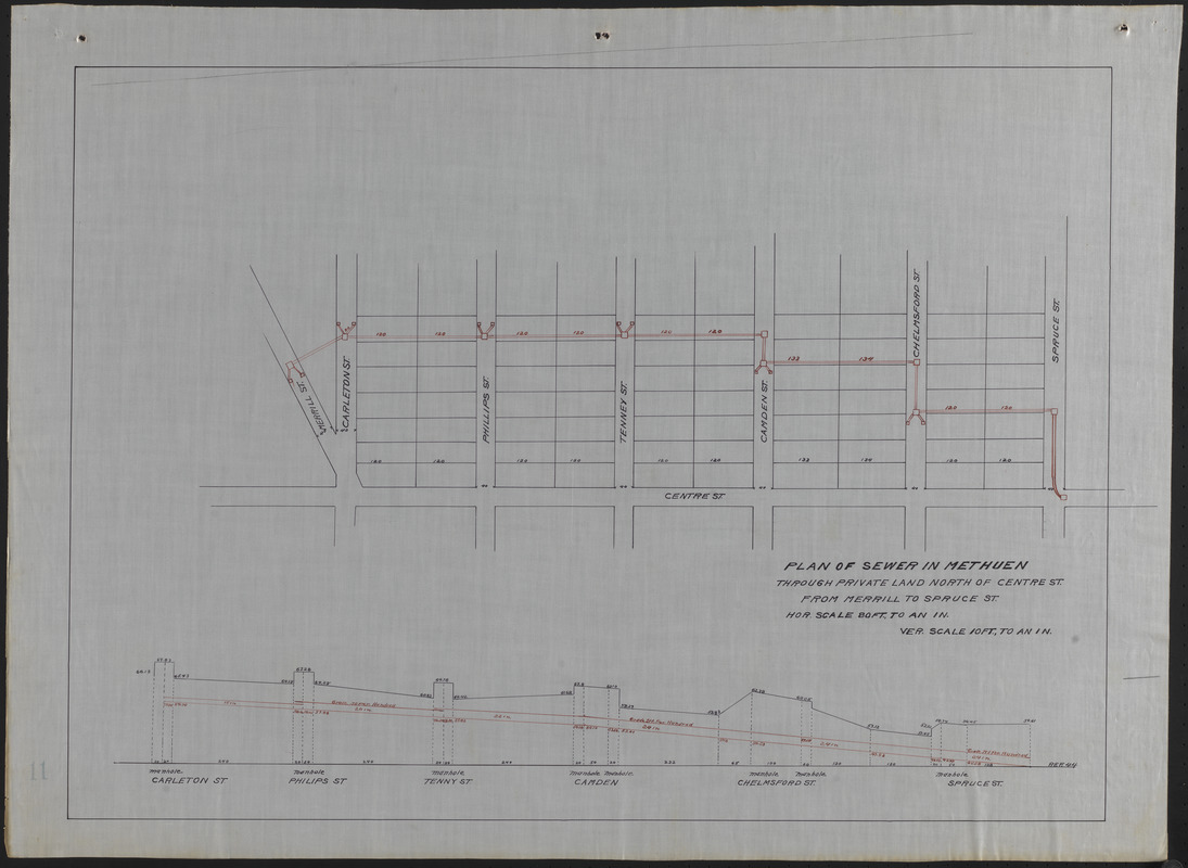 Plan of sewer in Methuen through private land north of Centre St. from Merrill to Spruce St.