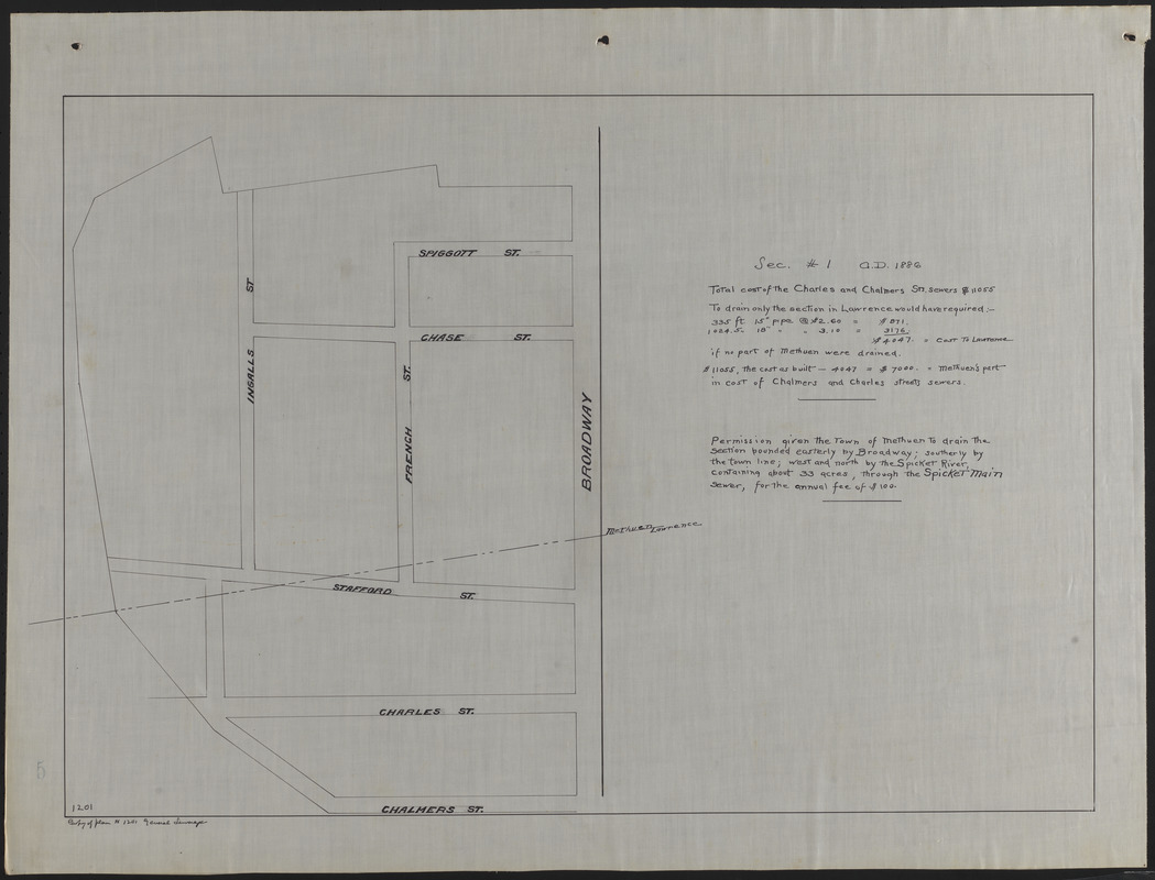 Map of land in Lawrence and Methuen drained by Spicket main sewer