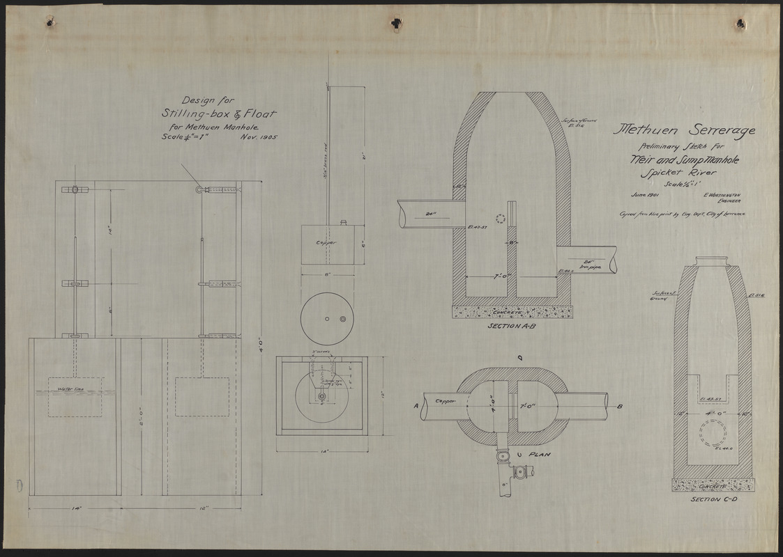 Methuen sewerage, preliminary sketch for weir and sump manhole, Spicket River