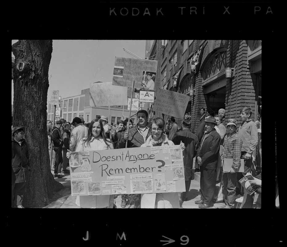 Red Sox fans protesting the trade of Ken Harrelson outside Fenway Park