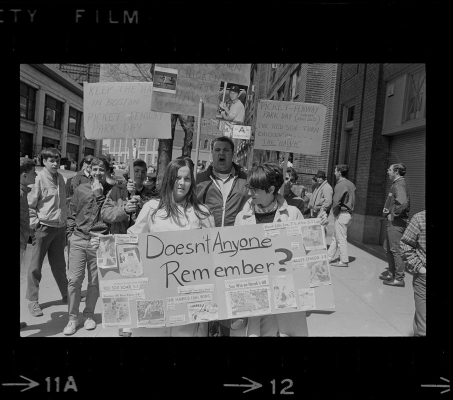 Red Sox fans protesting the trade of Ken Harrelson outside Fenway Park