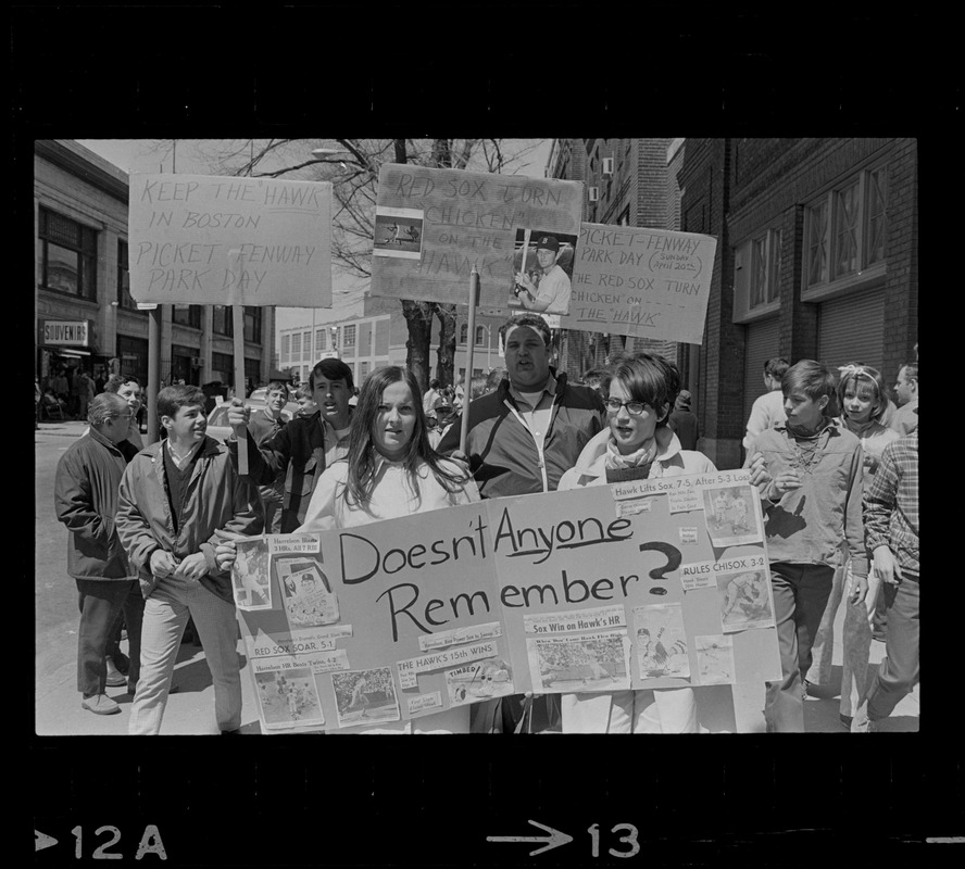 Red Sox fans protesting the trade of Ken Harrelson outside Fenway Park