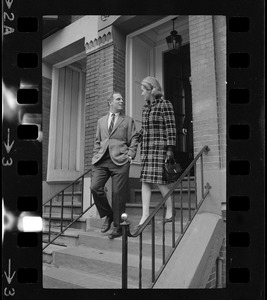 Boston Mayor-elect Kevin White and Kathryn White leaving their home the morning after the mayoral election