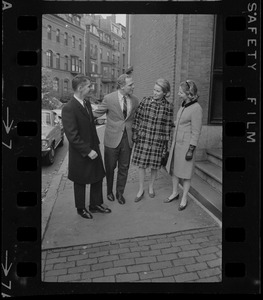 Boston Mayor-elect Kevin White and Kathryn White speaking with an unidentified man and woman the morning after the mayoral election