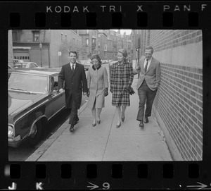 Boston Mayor-elect Kevin White and Kathryn White walking with an unidentified man and woman the morning after the mayoral election