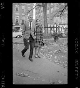 Boston Mayor-elect Kevin White and Kathryn White walking the morning after the mayoral election