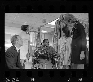 Boston Mayor Kevin White and Kathryn White with patient at Boston City Hospital