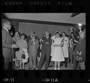 Unidentified man addressing staff and Mayor Kevin White at Boston City Hospital