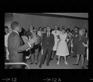 Unidentified man addressing staff and Mayor Kevin White at Boston City Hospital