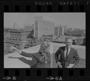 Boston Mayor Kevin White and Kathryn White on roof at Boston City Hospital