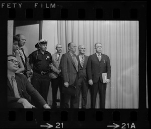 Patrolmen's Association head Daniel Sweeney and others after a closed-door conference with Mayor Kevin White