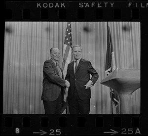 Mayor Kevin White and Patrolmen's Ass'n head Daniel Sweeney pose for photographs after a closed-door conference last night called to "end three days of charges and counter-charges"