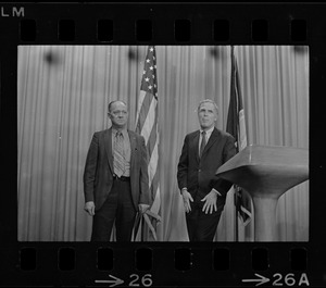 Mayor Kevin White and Patrolmen's Ass'n head Daniel Sweeney pose for photographs after a closed-door conference last night called to "end three days of charges and counter-charges"