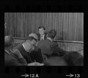 Ted Kennedy addressing meeting with Massachusetts mayors