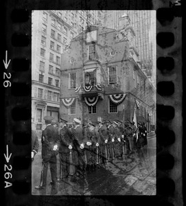 Unidentified uniformed man speaking from balcony of the Old State House to crowd of uniformed men on Fourth of July