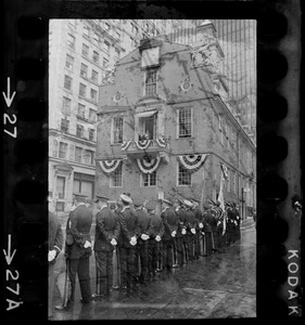 Unidentified uniformed man speaking from balcony of the Old State House to crowd of uniformed men on Fourth of July