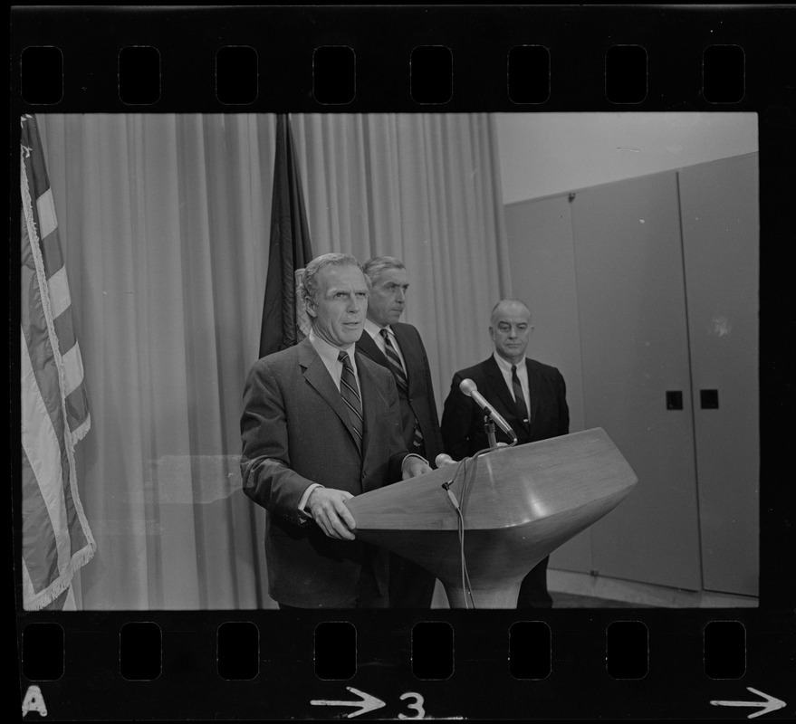 Mayor White, Daniel Finn, Housing Authority Administrator, and an unidentified man during a press conference to deny charges of "cronyism" in job appointments