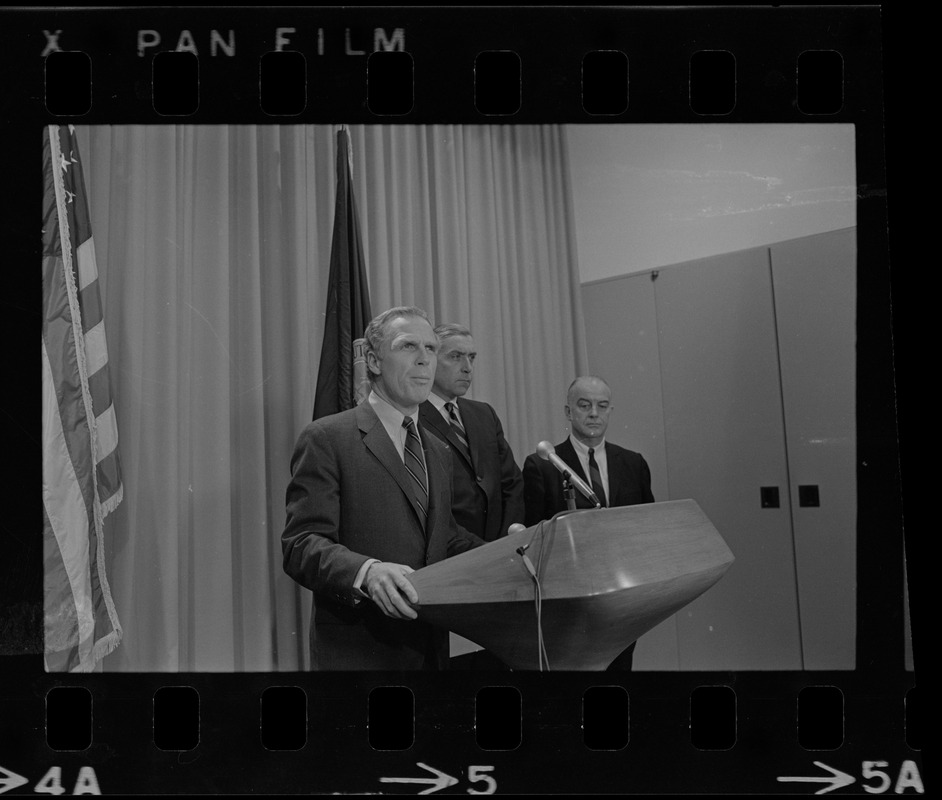 Mayor White, Daniel Finn, Housing Authority Administrator, and an unidentified man during a press conference to deny charges of "cronyism" in job appointments