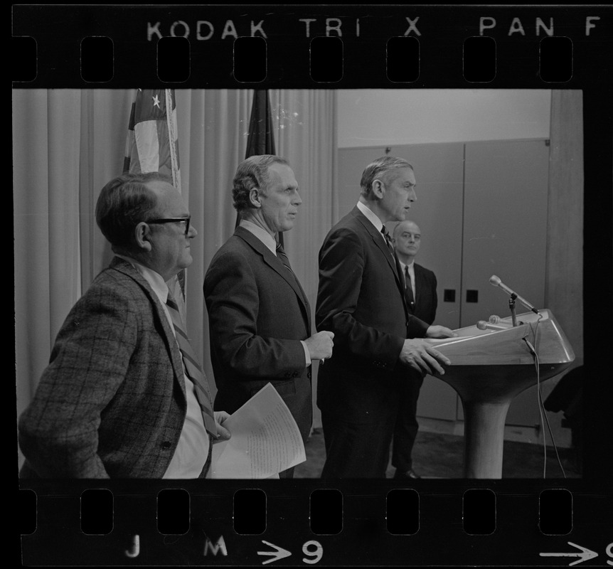 Unidentified man, Mayor White, Daniel Finn, Housing Authority Administrator, and an unidentified man during a press conference to deny charges of "cronyism" in job appointments