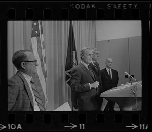 Unidentified man, Mayor White, Daniel Finn, Housing Authority Administrator, and an unidentified man during a press conference to deny charges of "cronyism" in job appointments