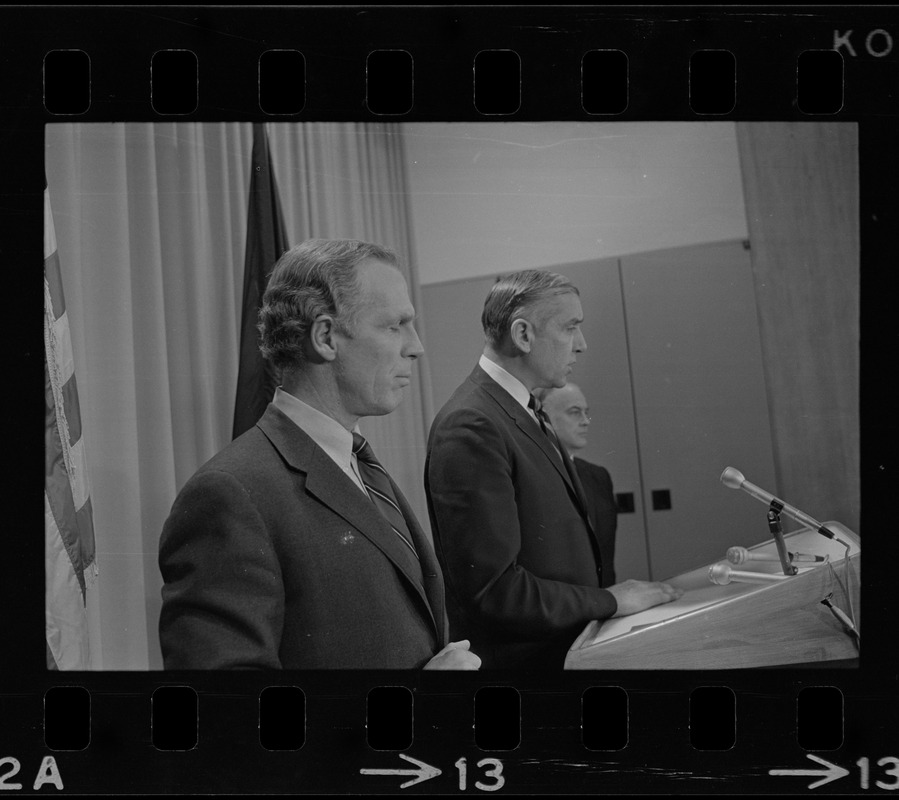 Mayor White, Daniel Finn, Housing Authority Administrator, and an unidentified man during a press conference to deny charges of "cronyism" in job appointments