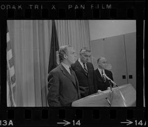 Mayor White, Daniel Finn, Housing Authority Administrator, and an unidentified man during a press conference to deny charges of "cronyism" in job appointments