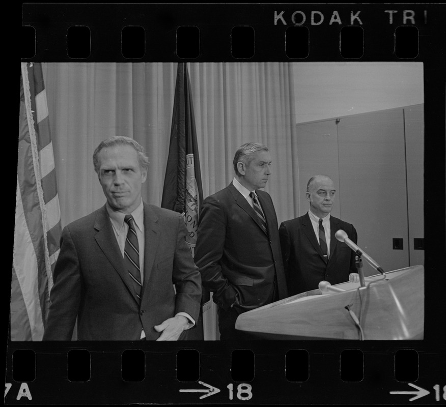 Mayor White, Daniel Finn, Housing Authority Administrator, and an unidentified man during a press conference to deny charges of "cronyism" in job appointments