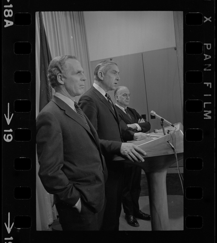 Mayor White, Daniel Finn, Housing Authority Administrator, and an unidentified man during a press conference to deny charges of "cronyism" in job appointments