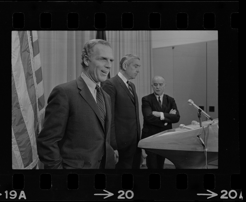 Mayor White, Daniel Finn, Housing Authority Administrator, and an unidentified man during a press conference to deny charges of "cronyism" in job appointments