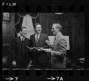 Boston Mayor Kevin White (right), and Development Administrator John D. Warner (center) brief House Speaker David M. Bartley on the latest--and possibly the last--plan for a sports stadium in Boston