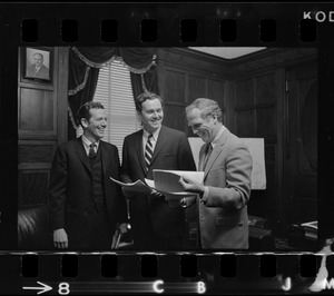 Boston Mayor Kevin White (right), and Development Administrator John D. Warner (center) brief House Speaker David M. Bartley on the latest--and possibly the last--plan for a sports stadium in Boston