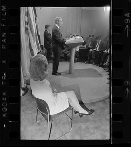 Mrs. Kathryn White watches as her husband, Boston Mayor Kevin White, announces that he is a candidate for the Democratic gubernatorial nomination