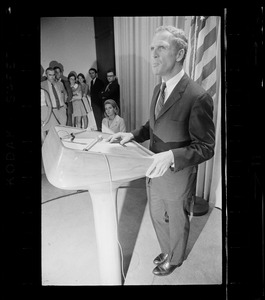 Mrs. Kathryn White watches as her husband, Boston Mayor Kevin White, announces that he is a candidate for the Democratic gubernatorial nomination