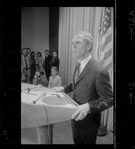 Mrs. Kathryn White watches as her husband, Boston Mayor Kevin White, announces that he is a candidate for the Democratic gubernatorial nomination