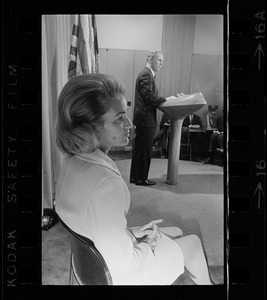 Mrs. Kathryn White watches as her husband, Boston Mayor Kevin White, announces that he is a candidate for the Democratic gubernatorial nomination